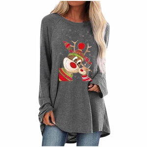 Detailed view of women's grey Christmas reindeer print long sleeve casual t-shirt