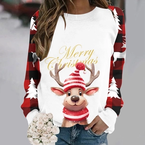 Close-up of Merry Christmas reindeer print on a raglan sleeve holiday sweatshirt
