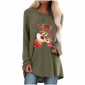 Detail of olive green Christmas sweatshirt showing reindeer print and knit texture