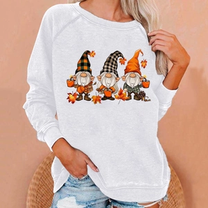 Detail of raglan sleeves and festive gnomes print on white women's sweatshirt
