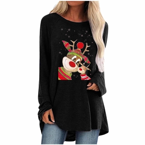 Close-up of a festive Christmas reindeer print on a black long-sleeved tunic top