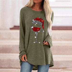 Maglia da donna a maniche lunghe verde oliva con stampa natalizia di calice di vino