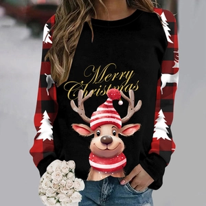 Detailed view of Christmas sweatshirt featuring a cartoon reindeer and buffalo plaid sleeves