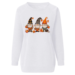 Detail of autumn gnome print on white crewneck sweatshirt with raglan sleeves