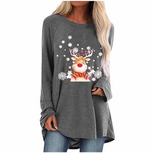 Close-up of reindeer and snowflake print on a grey long-sleeved Christmas t-shirt
