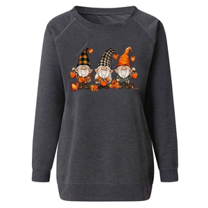 Detail of autumn gnome print on charcoal raglan sweatshirt with maple leaves