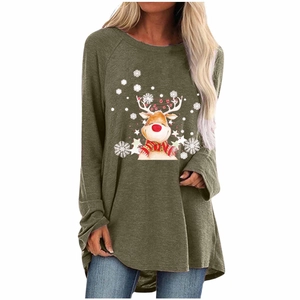 Detail view of olive green long sleeve shirt with reindeer Christmas print and curved hem