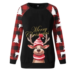 Detail of Christmas reindeer print sweatshirt with red buffalo plaid raglan sleeves