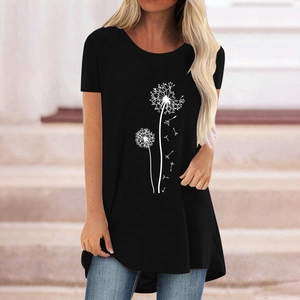 T-shirt noir pour femme à imprimé pissenlit avec col rond et ourlet arrondi asymétrique