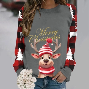 Detail view of the Christmas sweatshirt featuring a reindeer print and buffalo plaid sleeves