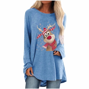 Detail of Christmas reindeer print on a loose long-sleeved light blue women T-shirt