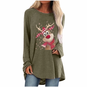 Detail of cartoon reindeer print on olive green long sleeve Christmas T-shirt for women
