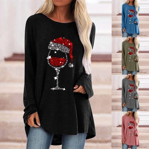 T-shirt da donna a maniche lunghe natalizia con stampa bicchiere di vino in cinque colori