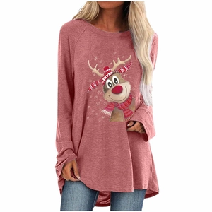 Detail of Christmas reindeer print and irregular hem on women's brick red long sleeve top