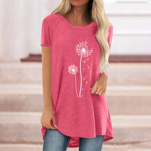 T-shirt femme rose foncé à imprimé pissenlit avec col rond et ourlet arrondi élégant