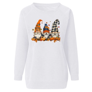 Close-up of Halloween gnomes print with pumpkins on white long sleeve sweatshirt