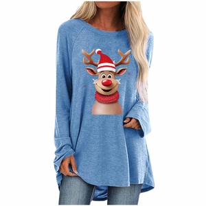 Close-up of light blue Christmas sweatshirt featuring a cartoon reindeer with a red hat