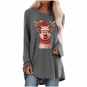 Detailed view of grey long-sleeve T-shirt featuring a cartoon Christmas reindeer print