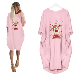 Pink loose-fit long sleeve Christmas dress with reindeer print and side pockets