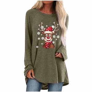 T-Shirt Raglan à Manches Longues Imprimé de Noël pour Femmes Haut Graphique Décontracté Renne Gnomme Verre à Vin de Fête