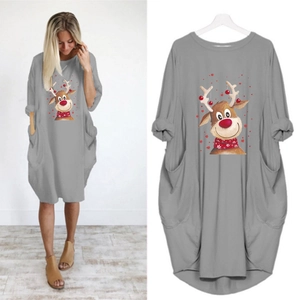 Grey Christmas loose dress with reindeer print, long sleeves and side pockets