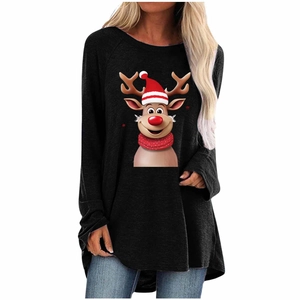 Close-up of Christmas reindeer print with red hat and scarf on black long sleeve tee