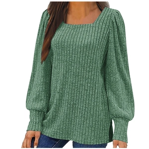Women's green ribbed knit sweatshirt with square neck and lantern sleeves with side slits