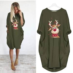 Olive green Christmas dress with reindeer print and long sleeves in loose fit design