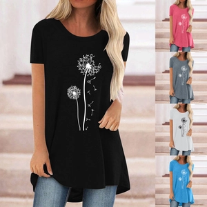 T-Shirt Décontracté pour Femme Imprimé Pissenlit Col Rond Manches Courtes Coupe Ample Ourlet Asymétrique Tunique