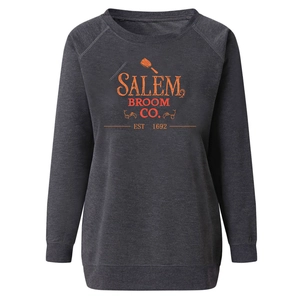 Detail showing Salem Broom Co. Halloween print on charcoal grey raglan sleeve sweatshirt