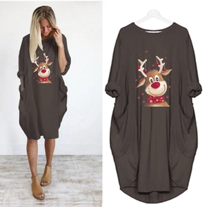 Close-up of Christmas reindeer print and large pockets on a dark grey long sleeve dress