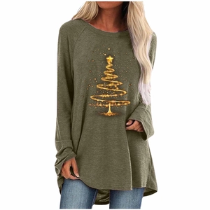 Close-up of golden Christmas tree print on dark olive green long sleeve tunic for women