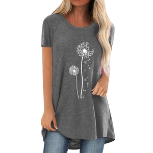 T-shirt gris pour femmes avec imprimé pissenlit, col rond et ourlet asymétrique chic