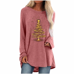 Detail of golden spiral Christmas tree print on loose rose pink long sleeve T-shirt