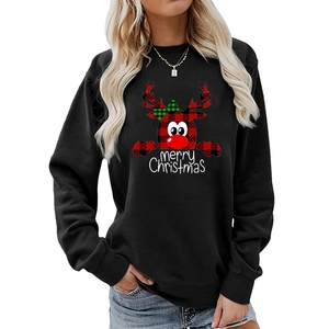 Close-up of black Christmas sweatshirt featuring a plaid reindeer and Merry Christmas print