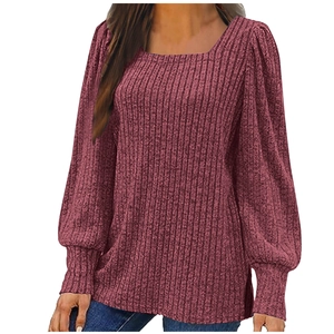 Detailed close-up of ribbed knit texture on a wine red square neck long sleeve sweatshirt