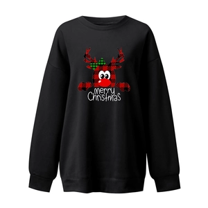 Detail of Christmas reindeer print and Merry Christmas lettering on black sweatshirt