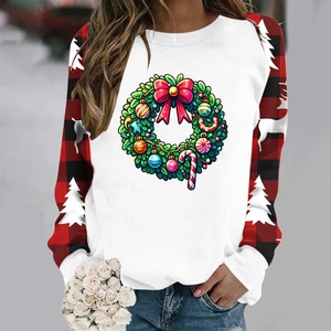 Women's Christmas sweatshirt with buffalo plaid raglan sleeves and festive wreath print