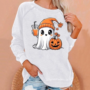 Detail of Halloween pumpkin and ghost print on white crewneck long sleeve sweatshirt