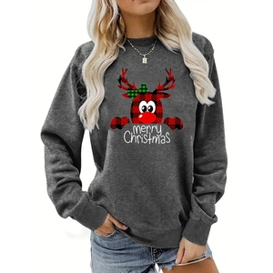 Detail of Christmas reindeer print and merry Christmas text on dark grey sweatshirt
