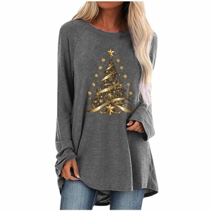 Detail of grey festive t-shirt featuring a golden Christmas tree print and curved hem