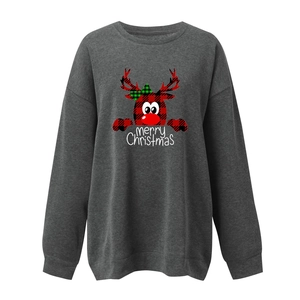 Close-up of dark grey Christmas sweatshirt with red plaid reindeer and Merry Christmas print