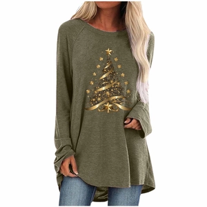 Detailed view of women's olive green Christmas tree print t-shirt in loose fit