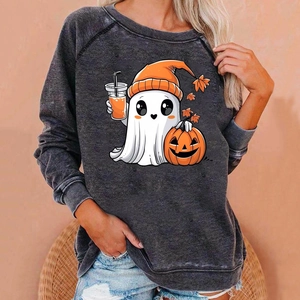Close-up of raglan sleeve detail and Halloween ghost print on charcoal grey sweatshirt