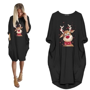 Loose black Christmas reindeer print dress with long sleeves and large side pockets