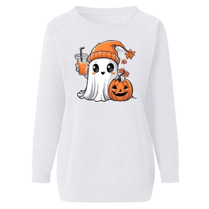 Detail showing high-quality Halloween cartoon ghost and pumpkin print on white sweatshirt