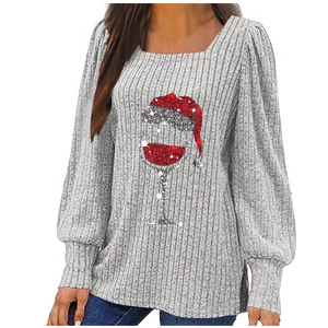 Women's grey ribbed long sleeve Christmas top with festive wine glass glitter print
