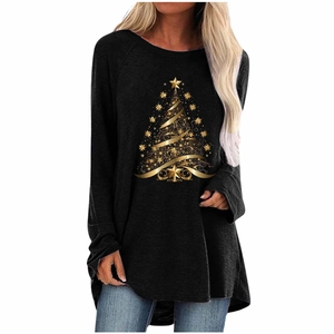 Women Christmas Print Long Sleeve T-Shirt Loose Fit Crew Neck Raglan Cotton Blend Reindeer Holiday Graphic Top