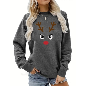 Close-up of a cartoon reindeer print on a dark gray crewneck Christmas sweatshirt