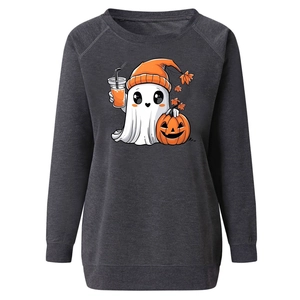 Close-up of Halloween cartoon print with ghosts and pumpkins on dark grey sweatshirt